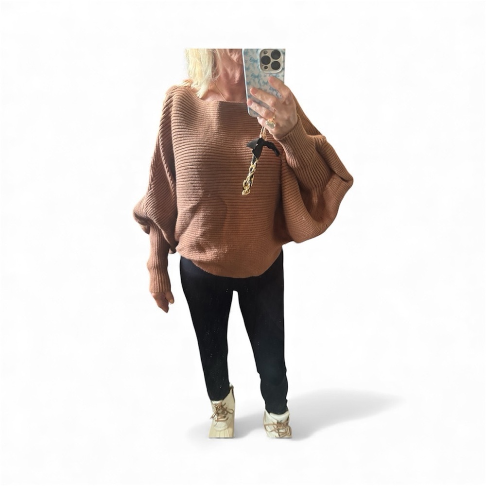 Women's Ribbed Brown  oversized dolman batwing Sweater - Picture 3 of 5